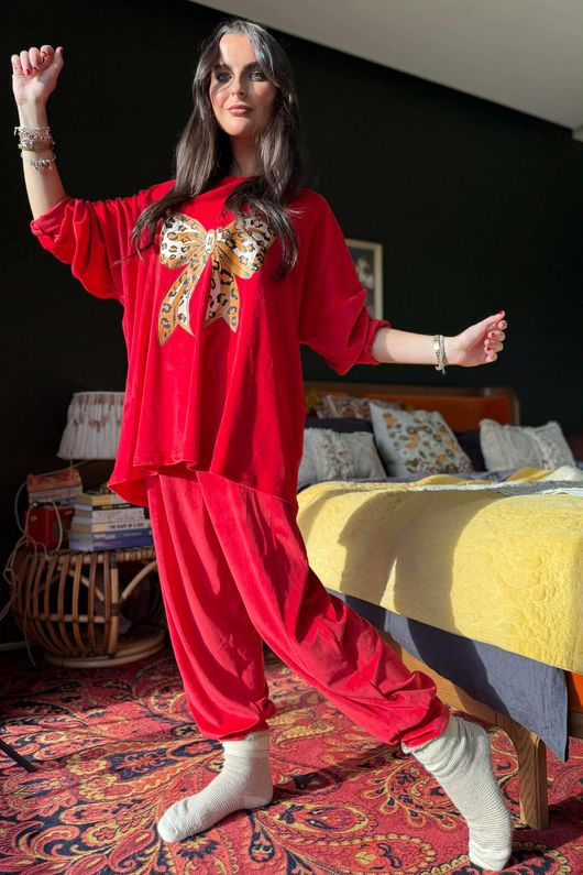 Binky Bow Soft Stretch Velour Lounge Suit Ruby